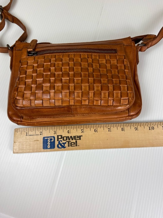 Y2K Woven Leather Crossbody Bag Cognac Brown Boho Small Zip Vilenca Holland - Picture 6 of 14